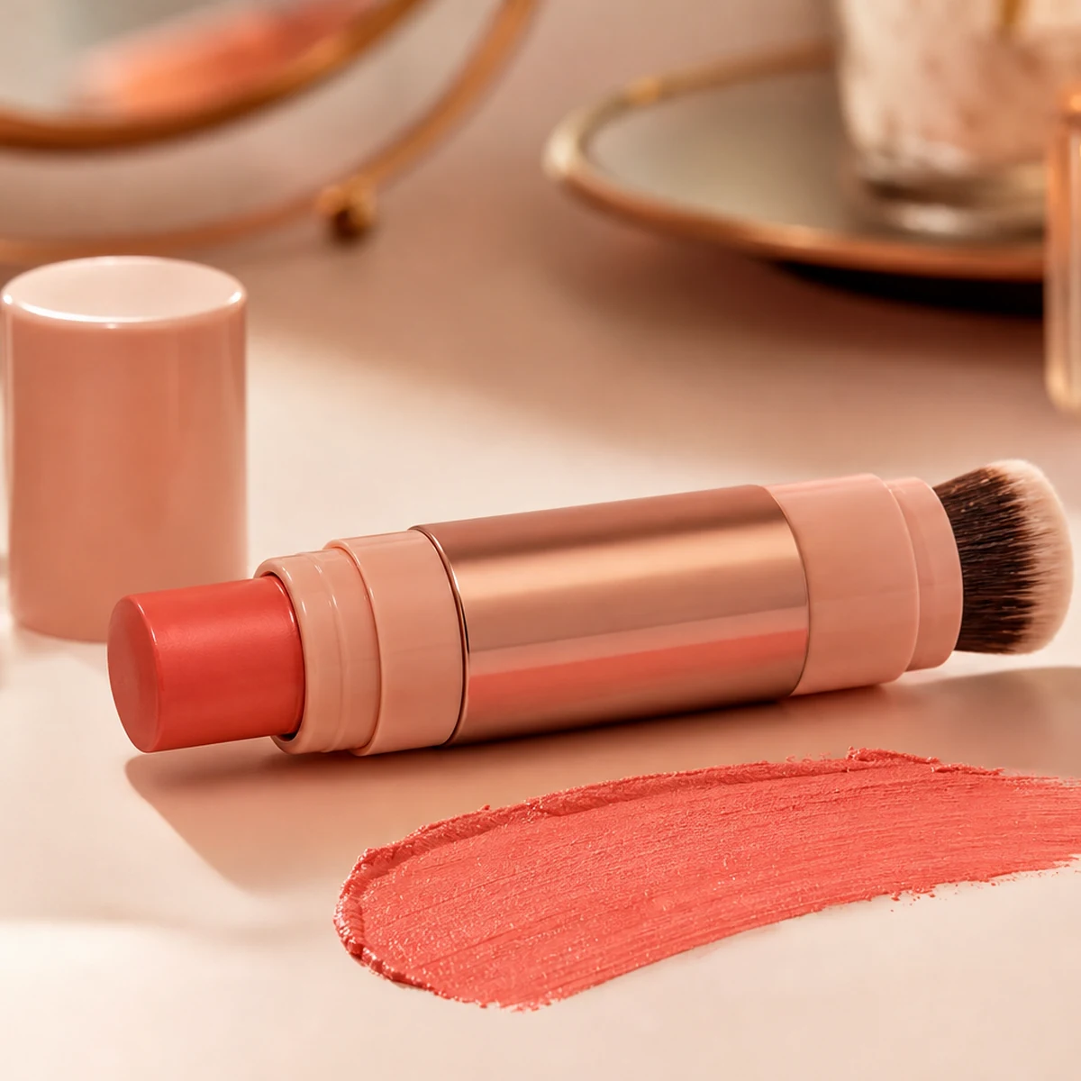 Cheek color stick and brush in warm vanity setting