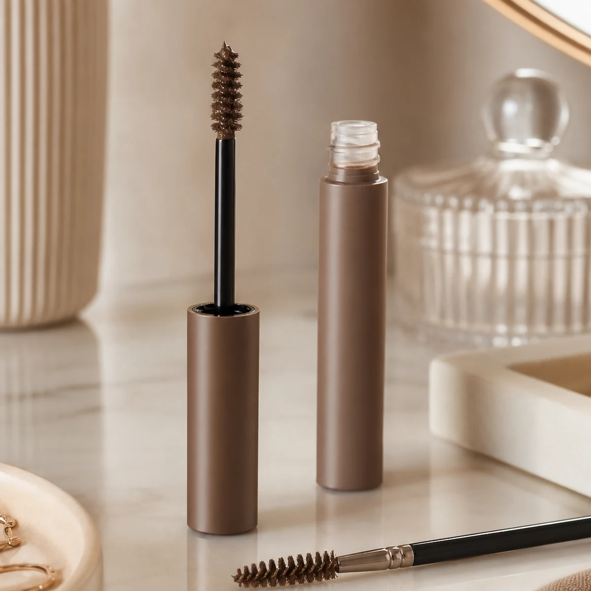 Mascara wand and compact cosmetic detail on vanity surface